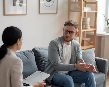 A therapist listening closely to a client